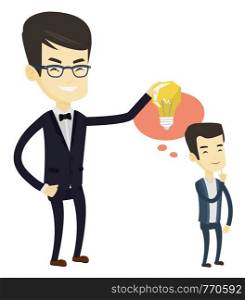 Asian business man giving idea to his partner. Young business man holding idea light bulb over head of his collegue. Business idea concept. Vector flat design illustration isolated on white background. Business man giving idea bulb to his partner.