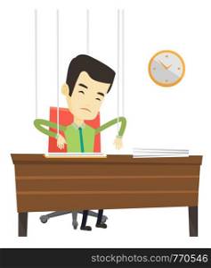 Asian business man hanging on strings like marionette. Business man marionette on ropes sitting in office. Marionette business man working. Vector flat design illustration isolated on white background. Business man marionette on ropes working.