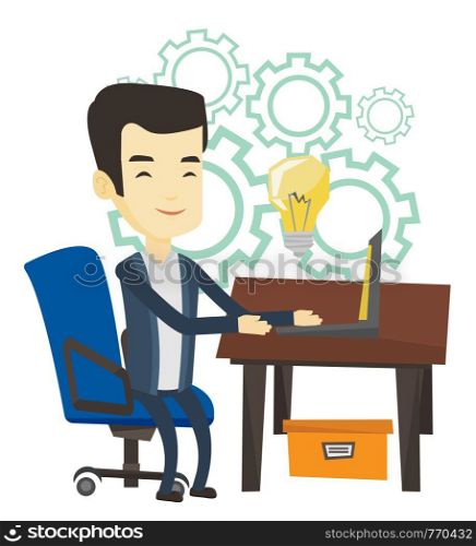 Asian business man having a business idea. Young businessman working on a laptop on a new business idea. Successful business idea concept. Vector flat design illustration isolated on white background.. Successful business idea vector illustration.