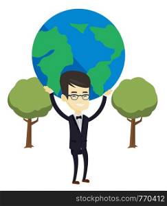 Asian business man holding big Earth globe over his head. Young business man taking part in global business. Concept of global business. Vector flat design illustration isolated on white background.. Business man holding globe vector illustration.