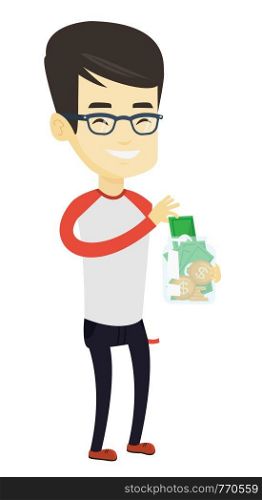 Asian business man holding glass jar. Smiling business man saving money banknotes in glass jar. Business man putting money into glass jar. Vector flat design illustration isolated on white background.. Man putting dollar money into glass jar.