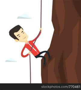 Asian business man in suit climbing on rock. Young brave business man using rope to climb on the mountain. Concept of business challenge. Vector flat design illustration isolated on white background.. Business man climbing on the mountain.