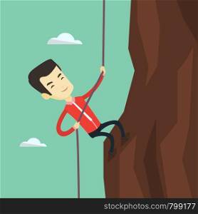 Asian business man in suit climbing on the rock. Young brave business man using rope to climb on the mountain. Concept of business challenge. Vector flat design illustration. Square layout.. Business man climbing on the mountain.