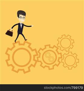 Asian business man in suit running on cogwheels. Business man running to success. Business man running in a hurry. Concept of moving to success. Vector flat design illustration. Square layout.. Business man running on cogwheels.