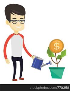 Asian business man investing in business project. Young happy business man watering money flower. Concept of investment money in business. Vector flat design illustration isolated on white background.. Business man watering money flower.