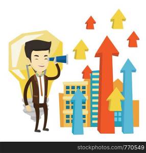 Asian business man looking through spyglass at arrows going up and idea light bulb. Business man looking for idea. Business idea concept. Vector flat design illustration isolated on white background.. Man looking through spyglass on raising arrows.