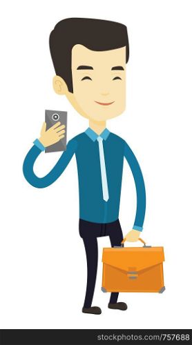 Asian business man making selfie. Young business man taking photo with cellphone. Business man looking at smartphone and taking selfie. Vector flat design illustration isolated on white background.. Business man making selfie vector illustration.