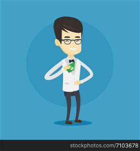 Asian business man putting money bribe in his pocket. Young business man hiding money bribe in jacket pocket. Bribery and corruption concept. Vector flat design illustration. Square layout.. Business man putting money bribe in pocket.