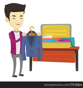 Asian business man putting suit into a suitcase. Young business man packing his clothes in an opened suitcase. Man preparing for vacation. Vector flat design illustration isolated on white background.. Young man packing his suitcase vector illustration