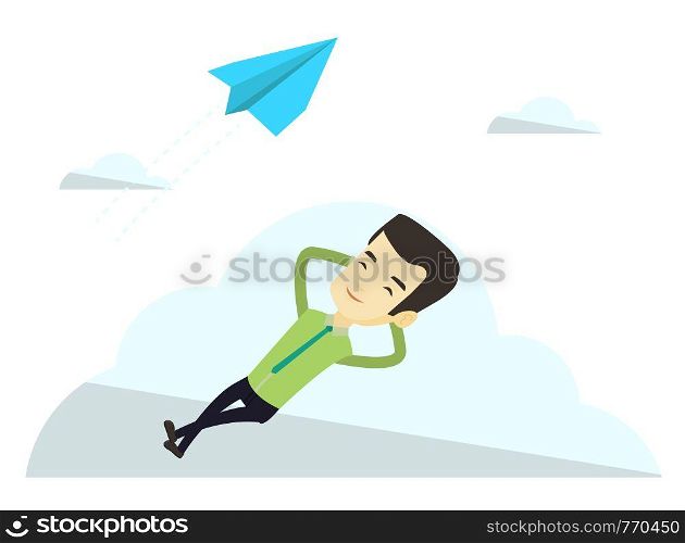 Asian business man relaxing on a cloud. Business man lying on a cloud and looking at flying paper plane. Business man resting on a cloud. Vector flat design illustration isolated on white background.. Business man lying on cloud vector illustration.