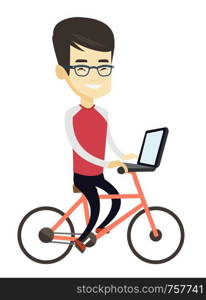 Asian business man riding a bicycle to work. Business man with laptop on a bike. Business man working on a laptop while riding a bicycle. Vector flat design illustration isolated on white background.. Business man riding bicycle in the city.
