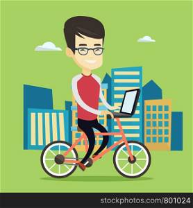 Asian business man riding a bicycle to work in the city. Business man with laptop on a bike. Business man working on a laptop while riding a bicycle. Vector flat design illustration. Square layout.. Business man riding bicycle in the city.