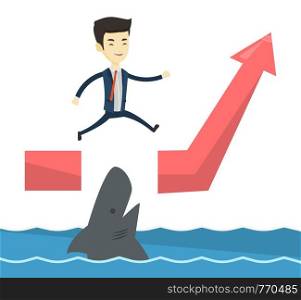 Asian business man running on ascending graph and jumping over gap. Business man jumping over ocean with shark. Business risks concept. Vector flat design illustration isolated on white background.. Business man jumping over ocean with shark.