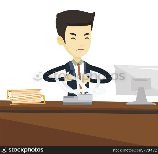 Asian business man sitting in office and tearing furiously bills. Angry businessman calculating bills. Angry businessman tearing invoices. Vector flat design illustration isolated on white background.. Angry business man tearing bills or invoices.