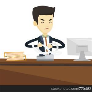 Asian business man sitting in office and tearing furiously bills. Angry businessman calculating bills. Angry businessman tearing invoices. Vector flat design illustration isolated on white background.. Angry business man tearing bills or invoices.