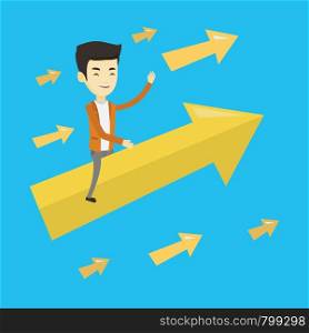 Asian business man sitting on arrow going to success. Successful business man flying up on a big arrow. Concept of moving forward to business success. Vector flat design illustration. Square layout.. Happy business man flying to success.