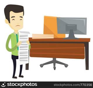 Asian business man standing in office with long bill. Disappointed business man holding long bill. Upset business man looking at long bill. Vector flat design illustration isolated on white background. Disappointed business man holding long bill.