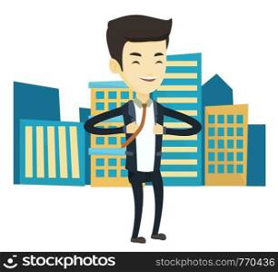 Asian business man superhero. Business man opening jacket like superhero. Young business man in suit taking off his jacket like superhero. Vector flat design illustration isolated on white background.. Business man opening his jacket like superhero.