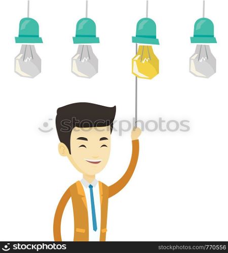 Asian business man switching on hanging idea light bulb. Young cheerful business man pulling a light switch. Concept of business idea. Vector flat design illustration isolated on white background.. Man having business idea vector illustration.