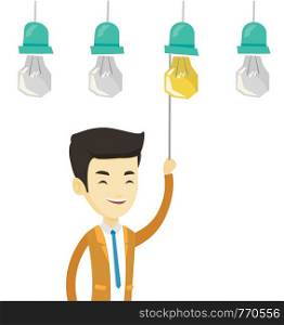 Asian business man switching on hanging idea light bulb. Young cheerful business man pulling a light switch. Concept of business idea. Vector flat design illustration isolated on white background.. Man having business idea vector illustration.