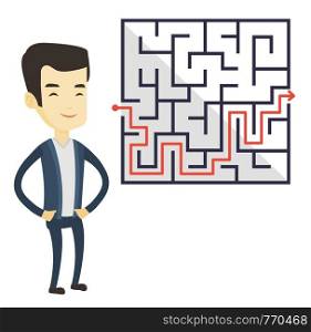 Asian business man thinking about business solution. Young business man looking at labyrinth with solution. Business solution concept. Vector flat design illustration isolated on white background.. Business man looking at labyrinth with solution.