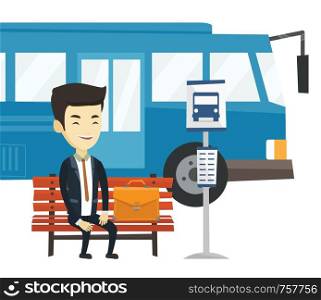 Asian business man waiting at the bus stop. Young business man sitting at the bus stop. Cheerful businessman sitting on a bus stop bench. Vector flat design illustration isolated on white background.. Business man waiting at the bus stop.