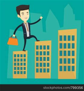 Asian business man walking on the roofs of city buildings. Young business man walking on the roofs of skyscrapers. Business man walking to the success. Vector flat design illustration. Square layout.. Business man walking on the roofs of buildings.