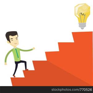 Asian business man walking upstairs to the idea light bulb. Young business man running up the stairs for the idea light bulb on the top. Vector flat design illustration isolated on white background.. Business man walking upstairs to the idea bulb.