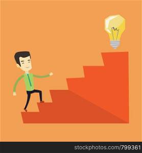 Asian business man walking upstairs to the idea light bulb. Business man running up the stairs to get idea light bulb on the top. Business idea concept. Vector flat design illustration. Square layout.. Business man walking upstairs to the idea bulb.