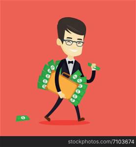 Asian business man walking with briefcase full of money and committing economic crime. Young business man stealing money. Economic crime concept. Vector flat design illustration. Square layout.. Business man with briefcase full of money.