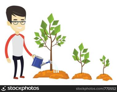 Asian business man watering trees of three sizes. Business man watering trees with watering can. Business growth and investment concept. Vector flat design illustration isolated on white background.. Business man watering trees vector illustration.