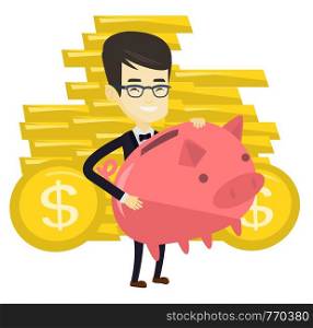 Asian business man with a piggy bank. Successful business man holding big pink piggy bank. Young business man saving money in piggy bank. Vector flat design illustration isolated on white background.. Business man holding big piggy bank.