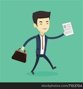 Asian business man with briefcase and a document running. Young happy business man running in a hurry. Cheerful business man running to success. Vector flat design illustration. Square layout.. Happy business man running vector illustration.