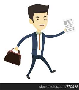 Asian business man with briefcase and a document running. Young business man running in a hurry. Cheerful business man running to success. Vector flat design illustration isolated on white background.. Happy business man running vector illustration.