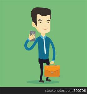 Asian business man with briefcase making selfie. Young business man taking photo with cellphone. Business man looking at smartphone and taking selfie. Vector flat design illustration. Square layout.. Business man making selfie vector illustration.