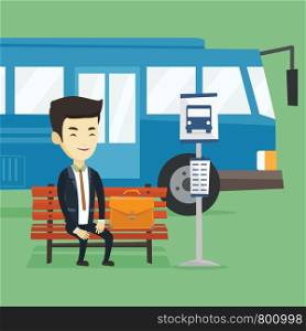 Asian business man with briefcase waiting at the bus stop. Young business man sitting at the bus stop. Cheerful businessman sitting on a bus stop bench. Vector flat design illustration. Square layout.. Business man waiting at the bus stop.