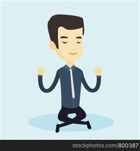 Asian business man with eyes closed meditating in yoga lotus position. Young business man relaxing in the yoga lotus position. Business man doing yoga. Vector flat design illustration. Square layout.. Business man meditating in lotus position.