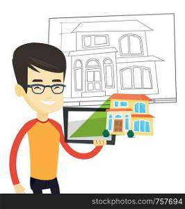 Asian business man with tablet computer showing the photo of the house. Young business man looking at house photo on tablet computer. Vector flat design illustration isolated on white background.. Businesswoman presenting report on tablet computer