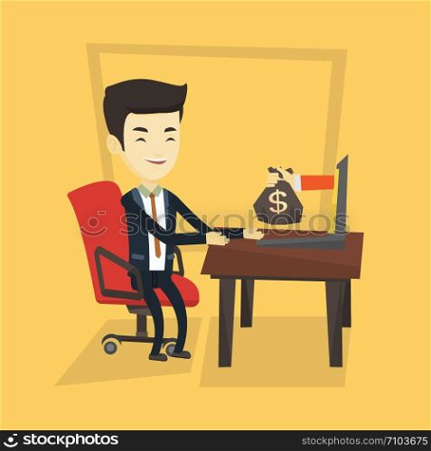 Asian business man working in office and bag of money coming out of laptop. Businessman earning money from online business. Online business concept. Vector flat design illustration. Square layout.. Businessman earning money from online business.