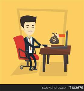 Asian business man working in office and bag of money coming out of laptop. Businessman earning money from online business. Online business concept. Vector flat design illustration. Square layout.. Businessman earning money from online business.