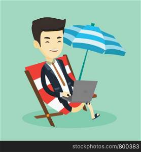 Asian business man working on the beach. Young business man sitting in chaise lounge under beach umbrella. Business man using laptop on the beach. Vector flat design illustration. Square layout.. Business man working on laptop at the beach.