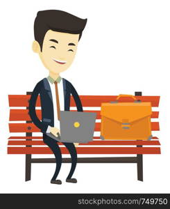 Asian business man working outdoor. Businessman working on a laptop outdoor. Young businessman sitting on a bench and working on a laptop. Vector flat design illustration isolated on white background.. Business man working on laptop outdoor.