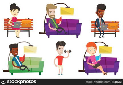 Asian business man working outdoor. Businessman working on a laptop outdoor. Business man sitting on bench and working on laptop. Set of vector flat design illustrations isolated on white background.. Vector set of people during leisure activity.