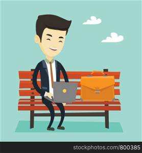 Asian business man working outdoor. Happy business man working on a laptop outdoor. Young business man sitting on a bench and working on a laptop. Vector flat design illustration. Square layout.. Business man working on laptop outdoor.
