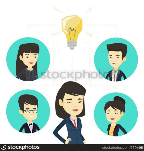 Asian business people working on new idea. Business people discussing business idea. Group of business people connected by one idea bulb. Vector flat design illustration isolated on white background.. Businessmen discussing business ideas.