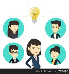 Asian business people working on new idea. Business people discussing business idea. Group of business people connected by one idea bulb. Vector flat design illustration isolated on white background.. Businessmen discussing business ideas.
