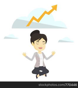 Asian business woman doing yoga in lotus position and thinking about the growth graph. Business woman meditating in yoga lotus position. Vector flat design illustration isolated on white background.. Peaceful business woman doing yoga.