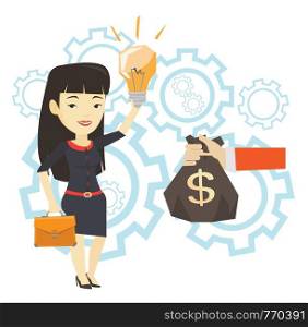 Asian business woman exchanging business idea bulb to money bag. Businesswoman selling business idea. Concept of successful business idea. Vector flat design illustration isolated on white background.. Successful business idea vector illustration.