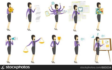 Asian business woman holding bouquet of flowers. Full length of business woman with bouquet of flowers. Business lady with flowers. Set of vector flat design illustrations isolated on white background. Vector set of illustrations with business people.