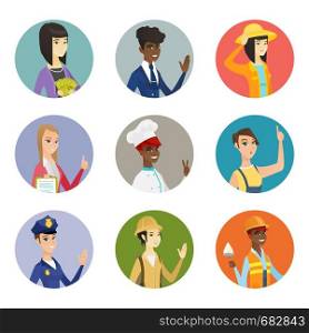 Asian business woman holding money in hands. Young smiling business woman with money. Set of different professions. Set of vector flat design illustrations in the circle isolated on white background.. Vector set of characters of different professions.
